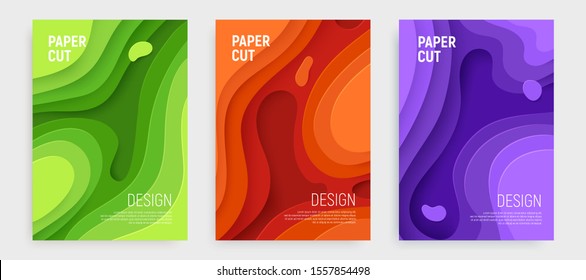 Paper cut banner set with 3D slime abstract background and green, orange, purple waves layers. Abstract layout design for brochure and flyer. Paper art vector illustration