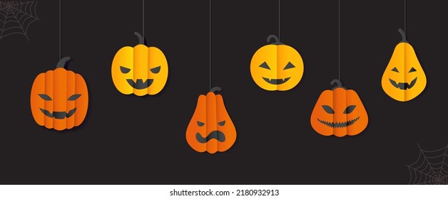 Paper cut banner template pumpkin purple halloween background printable