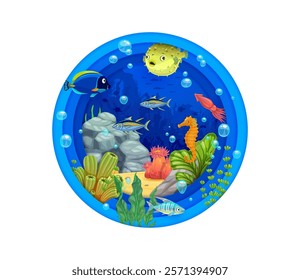 Paper cut banner with underwater landscape vector background, sea animals and fish cartoon characters. Coral reef seahorse, squid and pufferfish in 3d round paper cut frame with underwater landscape