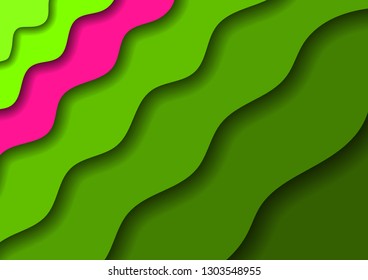 Paper cut banners with 3D abstract background with green waves and shadows and one pink band. Layout for banner, poster, greeting card. Vector illustration.