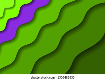 Paper cut banners with 3D abstract background with green waves and shadows and one violet band. Layout for banner, poster, greeting card. Vector illustration.