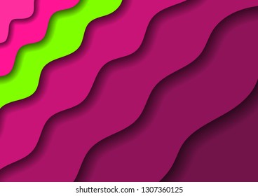 Paper cut banners with 3D abstract background with pnk waves and shadows and one green band. Layout for banner, poster, greeting card. Vector illustration.