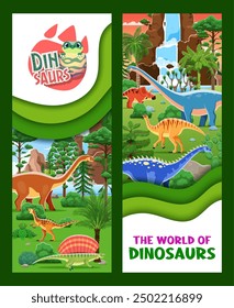 Paper cut banners with cute cartoon dinosaurs characters, jurassic jungle trees and waterfall. Funny dino animals vector personages of camptosaurus, antarctosaurus, paralititan and cetiosaurus