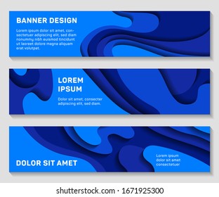 Paper cut banners layout design for web, presentation, flyer, poster. 3D deep blue backgrounds with wavy papercut shapes. Horizontalpaper cutout templates for web banners.