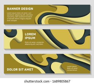 Paper cut banners layout design for web, presentation, flyer, poster. 3D gold black backgrounds with wavy papercut shapes. Horizontalpaper cutout templates for web banners.