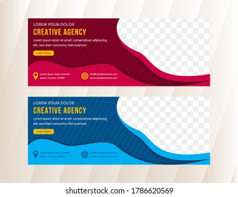 Diseño de banners de corte de papel para web, presentación, volante, afiche. Fondos 3D azules y rojos con formas de corte de papel ondulado. Banners de plantillas horizontales con espacio para foto y patrón diagonal. 