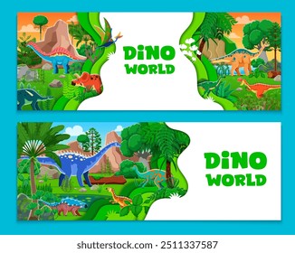 Anuncios cortados en papel con personajes de dinosaurios prehistóricos. Animales de dinosaurio de dibujos animados en un bosque de selva tropical Paisaje de la era jurásica con árboles y naturaleza vívida dentro de marcos de papercut en capas de Vector 3D