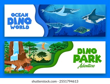 Bandeiras de corte de papel com dinossauros pré-históricos e personagens de répteis dino subaquáticos. Animais de dinossauro bonito vetor, mar antigo, cachoeira e paisagem natureza floresta com papel 3d corte ondulado bordas