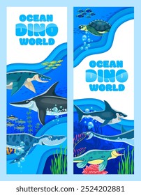 Anuncios cortados en papel con dinosaurios submarinos prehistóricos en el océano. Tarjetas de papercut submarino de Vertical de Vector con animales de dibujos animados reptiles dino y criaturas acuáticas entre arrecifes de coral y algas marinas