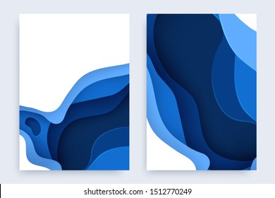 Paper cut banners set with 3D slime abstract background and blue waves layers. Abstract layout design for brochure and flyer. Paper art vector illustration