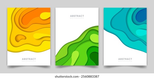 Paper cut banners set with 3D abstract background and wavy shapes. Colorful vector design layout for business presentations, flyers, posters, invitations, etc.
