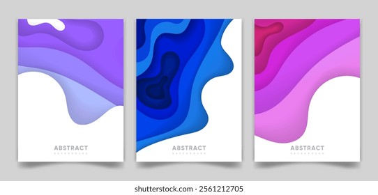 Paper cut banners set with 3D abstract background and wavy shapes. Colorful vector design layout for business presentations, flyers, posters, invitations, etc.