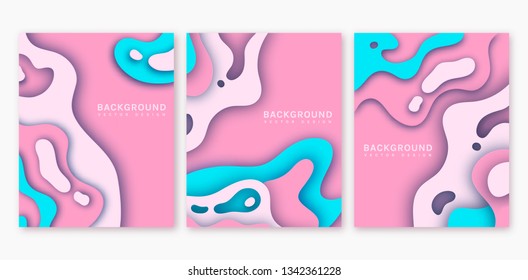 Paper cut banners. Set of abstract backgrounds with multi layers smooth shapes. Modern 3d design. Vector templates.