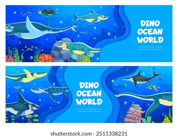 Anuncios cortados en papel con personajes de dinosaurios prehistóricos submarinos en un escenario oceánico. Animadas criaturas marinas, especies de dinosaurios acuáticos y reptiles marinos nadando en un entorno oceánico azul