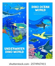 Paper cut banners with underwater prehistoric dinosaur characters. Ocean extinct dinosaurs reptiles vector posters with ophthalmosaurus, elasmosaurus, tylosaurus and ichthyosaur, kronosaurus, archelon