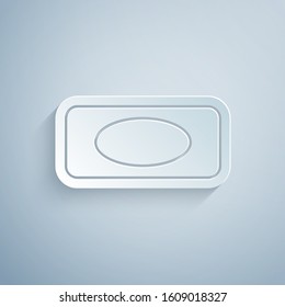 Paper cut Bar of soap with foam icon isolated on grey background. Soap bar with bubbles. Paper art style. Vector Illustration