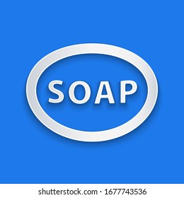 Paper cut Bar of soap icon isolated on blue background. Soap bar with bubbles. Paper art style. Vector Illustration