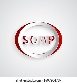 Paper cut Bar of soap icon isolated on grey background. Soap bar with bubbles. Paper art style. Vector Illustration