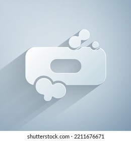 Paper cut Bar of soap icon isolated on grey background. Soap bar with bubbles. Paper art style. Vector Illustration