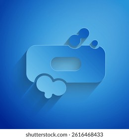 Paper cut Bar of soap icon isolated on blue background. Soap bar with bubbles. Paper art style. Vector Illustration