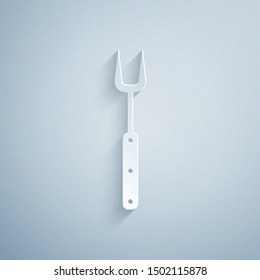 Paper cut Barbecue fork icon isolated on grey background. BBQ fork sign. Barbecue and grill tool. Paper art style. Vector Illustration