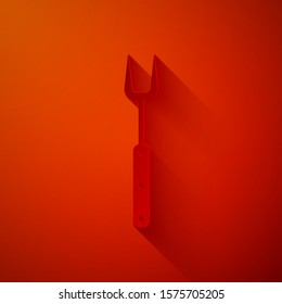 Paper cut Barbecue fork icon isolated on red background. BBQ fork sign. Barbecue and grill tool. Paper art style. Vector Illustration
