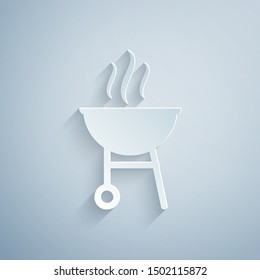 Paper cut Barbecue grill icon isolated on grey background. BBQ grill party. Paper art style. Vector Illustration