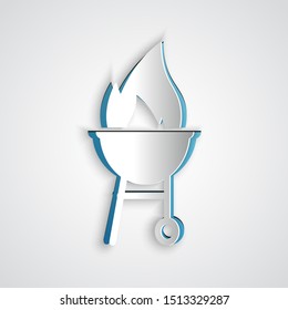 Paper cut Barbecue grill icon isolated on grey background. BBQ grill party. Paper art style. Vector Illustration