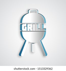Paper cut Barbecue grill icon isolated on grey background. BBQ grill party. Paper art style. Vector Illustration