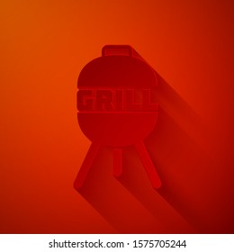 Paper cut Barbecue grill icon isolated on red background. BBQ grill party. Paper art style. Vector Illustration