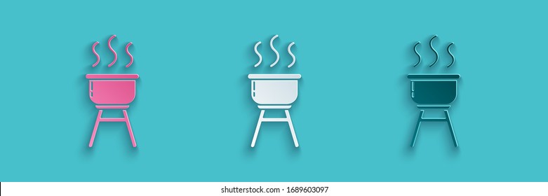 Paper cut Barbecue grill icon isolated on blue background. BBQ grill party. Paper art style. Vector Illustration