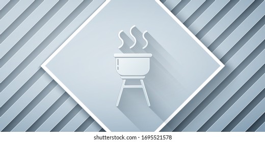 Paper cut Barbecue grill icon isolated on grey background. BBQ grill party. Paper art style. Vector Illustration