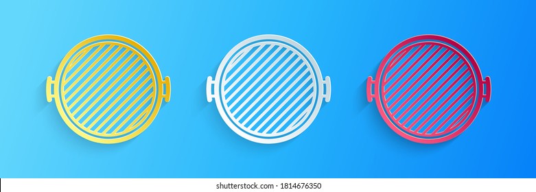 Paper cut Barbecue grill icon isolated on blue background. Top view of BBQ grill. Paper art style. Vector.