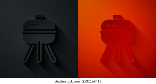 Paper cut Barbecue grill icon isolated on black and red background. BBQ grill party. Paper art style. Vector