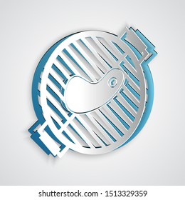 Paper cut Barbecue grill with steak icon isolated on grey background. BBQ grill party. Paper art style. Vector Illustration