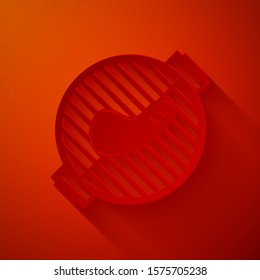 Paper cut Barbecue grill with steak icon isolated on red background. BBQ grill party. Paper art style. Vector Illustration