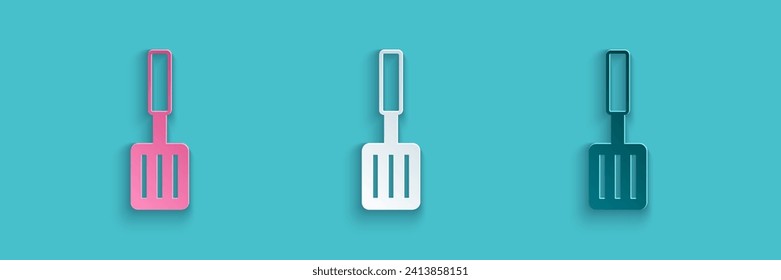 Paper cut Barbecue spatula icon isolated on blue background. Kitchen spatula icon. BBQ spatula sign. Barbecue and grill tool. Paper art style. Vector