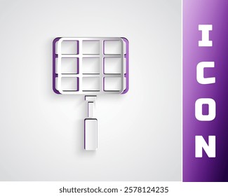 Paper cut Barbecue steel grid icon isolated on black on purple background. Top view of BBQ grill. Wire rack for BBQ. Grilling basket. Paper art style. Vector