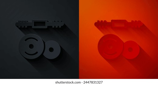 Paper cut Barbell icon isolated on black and red background. Muscle lifting icon, fitness barbell, gym, sports equipment, exercise bumbbell. Paper art style. Vector