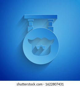 Paper cut Barbershop icon isolated on blue background. Hairdresser logo or signboard. Paper art style. Vector Illustration