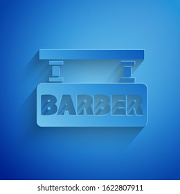 Paper cut Barbershop icon isolated on blue background. Hairdresser logo or signboard. Paper art style. Vector Illustration