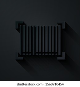 Paper cut Barcode icon isolated on black background. Paper art style. Vector Illustration