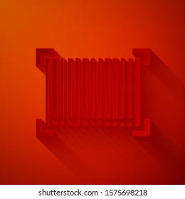Paper cut Barcode icon isolated on red background. Paper art style. Vector Illustration