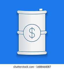 Paper cut Barrel oil with dollar symbol icon isolated on blue background. Paper art style. Vector Illustration