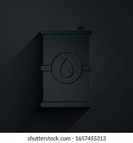 Paper cut Barrel oil icon isolated on black background. Paper art style. Vector Illustration