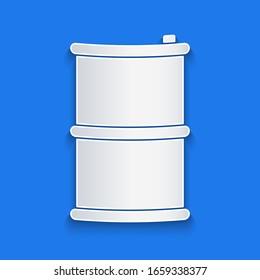 Paper cut Barrel oil icon isolated on blue background. Paper art style. Vector Illustration
