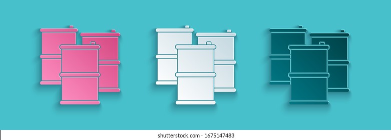 Paper cut Barrel oil icon isolated on blue background. Paper art style. Vector Illustration