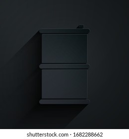 Paper cut Barrel oil icon isolated on black background. Paper art style. Vector Illustration
