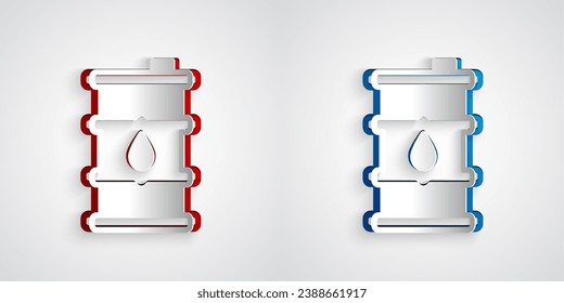 Paper cut Barrel oil icon isolated on grey background. Paper art style. Vector