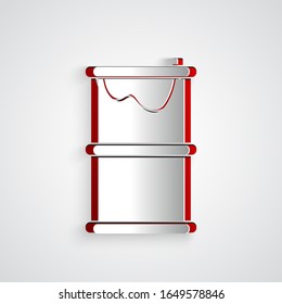 Paper cut Barrel oil leak icon isolated on grey background. Paper art style. Vector Illustration